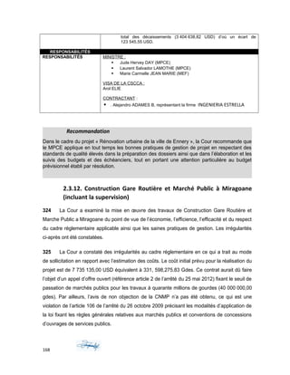 total des décaissements (3 404 638,82 USD) d’où un écart de
123 545,55 USD.
RESPONSABILITÉS
RESPONSABILITÉS MINISTRE :
 Jude Hervey DAY (MPCE)
 Laurent Salvador LAMOTHE (MPCE)
 Marie Carmelle JEAN MARIE (MEF)
VISA DE LA CSCCA :
Arol ELIE
CONTRACTANT :
 . Alejandro ADAMES B, représentant la firme INGENIERIA ESTRELLA
Recommandation
Dans le cadre du projet « Rénovation urbaine de la ville de Ennery », la Cour recommande que
le MPCE applique en tout temps les bonnes pratiques de gestion de projet en respectant des
standards de qualité élevés dans la préparation des dossiers ainsi que dans l’élaboration et les
suivis des budgets et des échéanciers, tout en portant une attention particulière au budget
prévisionnel établi par résolution.
2.3.12. Construction Gare Routière et Marché Public à Miragoane
(incluant la supervision)
324 La Cour a examiné la mise en œuvre des travaux de Construction Gare Routière et
Marche Public a Miragoane du point de vue de l’économie, l’efficience, l’efficacité et du respect
du cadre réglementaire applicable ainsi que les saines pratiques de gestion. Les irrégularités
ci-après ont été constatées.
325 La Cour a constaté des irrégularités au cadre réglementaire en ce qui a trait au mode
de sollicitation en rapport avec l’estimation des coûts. Le coût initial prévu pour la réalisation du
projet est de 7 735 135,00 USD équivalent à 331, 598,275.83 Gdes. Ce contrat aurait dû faire
l’objet d’un appel d’offre ouvert (référence article 2 de l’arrêté du 25 mai 2012) fixant le seuil de
passation de marchés publics pour les travaux à quarante millions de gourdes (40 000 000,00
gdes). Par ailleurs, l’avis de non objection de la CNMP n’a pas été obtenu, ce qui est une
violation de l’article 106 de l’arrêté du 26 octobre 2009 précisant les modalités d’application de
la loi fixant les règles générales relatives aux marchés publics et conventions de concessions
d’ouvrages de services publics.
168
 
