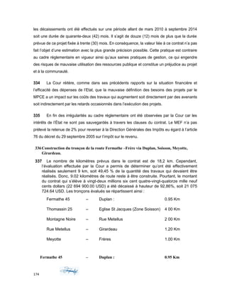 les décaissements ont été effectués sur une période allant de mars 2010 à septembre 2014
soit une durée de quarante-deux (42) mois. Il s’agit de douze (12) mois de plus que la durée
prévue de ce projet fixée à trente (30) mois. En conséquence, la valeur liée à ce contrat n’a pas
fait l’objet d’une estimation avec la plus grande précision possible. Cette pratique est contraire
au cadre réglementaire en vigueur ainsi qu’aux saines pratiques de gestion, ce qui engendre
des risques de mauvaise utilisation des ressources publique et constitue un préjudice au projet
et à la communauté.
334 La Cour réitère, comme dans ses précédents rapports sur la situation financière et
l’efficacité des dépenses de l’Etat, que la mauvaise définition des besoins des projets par le
MPCE a un impact sur les coûts des travaux qui augmentent soit directement par des avenants
soit indirectement par les retards occasionnés dans l’exécution des projets.
335 En fin des irrégularités au cadre règlementaire ont été observées par la Cour car les
intérêts de l’État ne sont pas sauvegardés à travers les clauses du contrat. Le MEF n’a pas
prélevé la retenue de 2% pour reverser à la Direction Générales des Impôts eu égard à l’article
76 du décret du 29 septembre 2005 sur l’impôt sur le revenu.
336Construction du tronçon de la route Fermathe –Frère via Duplan, Soisson, Meyotte,
Girardeau.
337 Le nombre de kilomètres prévus dans le contrat est de 18,2 km. Cependant,
l’évaluation effectuée par la Cour a permis de déterminer qu’ont été effectivement
réalisés seulement 9 km, soit 49,45 % de la quantité des travaux qui devaient être
réalisés. Donc, 9.02 kilomètres de route reste à être construite. Pourtant, le montant
du contrat qui s’élève à vingt-deux millions six cent quatre-vingt-quatorze mille neuf
cents dollars (22 694 900.00 USD) a été décaissé à hauteur de 92,86%, soit 21 075
724.64 USD. Les tronçons évalués se répartissent ainsi :
Fermathe 45 – Duplan : 0.95 Km
Thomassin 25 – Eglise St Jacques (Zone Soisson) 4 00 Km
Montagne Noire – Rue Metellus 2 00 Km
Rue Metellus – Girardeau 1.20 Km
Meyotte – Frères 1.00 Km
Fermathe 45 – Duplan : 0.95 Km
174
 