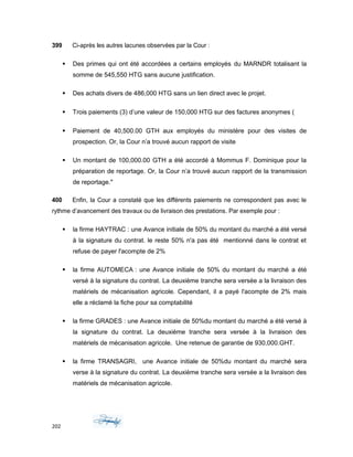 399 Ci-après les autres lacunes observées par la Cour :
 Des primes qui ont été accordées a certains employés du MARNDR totalisant la
somme de 545,550 HTG sans aucune justification.
 Des achats divers de 486,000 HTG sans un lien direct avec le projet.
 Trois paiements (3) d’une valeur de 150,000 HTG sur des factures anonymes (
 Paiement de 40,500.00 GTH aux employés du ministère pour des visites de
prospection. Or, la Cour n’a trouvé aucun rapport de visite
 Un montant de 100,000.00 GTH a été accordé à Mommus F. Dominique pour la
préparation de reportage. Or, la Cour n’a trouvé aucun rapport de la transmission
de reportage."
400 Enfin, la Cour a constaté que les différents paiements ne correspondent pas avec le
rythme d’avancement des travaux ou de livraison des prestations. Par exemple pour :
 la firme HAYTRAC : une Avance initiale de 50% du montant du marché a été versé
à la signature du contrat. le reste 50% n'a pas été mentionné dans le contrat et
refuse de payer l'acompte de 2%
 la firme AUTOMECA : une Avance initiale de 50% du montant du marché a été
versé à la signature du contrat. La deuxième tranche sera versée a la livraison des
matériels de mécanisation agricole. Cependant, il a payé l'acompte de 2% mais
elle a réclamé la fiche pour sa comptabilité
 la firme GRADES : une Avance initiale de 50%du montant du marché a été versé à
la signature du contrat. La deuxième tranche sera versée à la livraison des
matériels de mécanisation agricole. Une retenue de garantie de 930,000.GHT.
 la firme TRANSAGRI, une Avance initiale de 50%du montant du marché sera
verse à la signature du contrat. La deuxième tranche sera versée a la livraison des
matériels de mécanisation agricole.
202
 