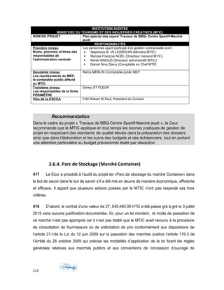 INSTITUTION AUDITÉE
MINISTERE DU TOURISME ET DES INDUSTRIES CREATIVES (MTIC)
NOM DU PROJET Plan spécial des cayes/ Travaux de BBQ- Centre Sportif-Marché
jeudi
RESPONSABILITÉS
Première niveau
Noms, prénoms et titres des
responsables de
l'administration centrale
Les personnes ayant participé à la gestion contractuelle sont :
 Stéphanie B. VILLEDROUIN (Ministre MTIC)
 Maryse François NOËL (Directeur General MTIC)
 Renel SINOUS (Directeur administratif MTIC)
 Daniel Nine Djerry (Comptable en Chef MTIC
Deuxième niveau
Les représentants du MEF,
le comptable public affecté
au MTIC
Remy MERLIN (Comptable public MEF
Troisième niveau
Les responsables de la firme
PÉRIMÈTRE
Darley ST FLEUR
Visa de la CSCCA Fritz Robert St Paul, Président du Conseil
Recommandation
Dans le cadre du projet « Travaux de BBQ-Centre Sportif-Marché jeudi », la Cour
recommande que le MTIC applique en tout temps les bonnes pratiques de gestion de
projet en respectant des standards de qualité élevés dans la préparation des dossiers
ainsi que dans l’élaboration et les suivis des budgets et des échéanciers, tout en portant
une attention particulière au budget prévisionnel établi par résolution
2.6.4. Parc de Stockage (Marché Container)
417 La Cour a procédé à l’audit du projet de «Parc de stockage du marché Container» dans
le but de savoir dans le but de savoir s’il a été mis en œuvre de manière économique, efficiente
et efficace. Il appert que plusieurs actions posées par le MTIC n’ont pas respecté ces trois
critères.
418 D’abord, le contrat d’une valeur de 27, 045,480.00 HTG a été passé gré à gré le 3 juillet
2015 sans aucune justification documentée. Or, pour un tel montant, le mode de passation de
ce marché n’est pas approprié car il n’est pas établi que le MTIC avait recouru à la procédure
de consultation de fournisseurs ou de sollicitation de prix conformément aux dispositions de
l’article 27-1de la Loi du 12 juin 2009 sur la passation des marchés publics l’article 115-3 de
l’Arrêté du 26 octobre 2009 qui précise les modalités d’application de la loi fixant les règles
générales relatives aux marchés publics et aux conventions de concession d’ouvrage de
213
 