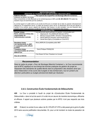 INSTITUTION AUDITÉE
MINISTERE DU TOURISME ET DES INDUSTRIES CREATIVES (MTIC)
NOM DU PROJET Plan spécial des Cayes/Parc de Stockage (Marché Container)
pratiques de gestion de projets.
Deux versements ont été effectués sur le contrat équivaux à 90% soit 22, 961,592.55 HTG selon les
dossiers reçus et examinés par les auditeurs.
le contrat signé le 3 juillet 2015 a une durée de 90 jours à compter de la date du premier décaissement
effectué le (10 septembre 2015). Le délai de livraison prévu est le 10 décembre 2015 tel que stipulé à
l’article 12 du contrat, aucun rapport de réception des travaux n’a été constaté. Lors de l’examen des
dossiers aucun autre paiement n’a été trouvé ni de rapport d’avancement des travaux.
RESPONSABILITÉS
Premier niveau
Noms, prénoms et titres des
responsables de
l'administration centrale
Les personnes ayant participé à la gestion contractuelle sont :
 Stéphanie B. VILLEDROUIN (Ministre MTIC)
 Maryse François NOËL (Directeur General MTIC)
 Renel SINOUS (Directeur administratif MTIC)
 Daniel Nine Djerry (Comptable en Chef MTIC
Deuxième niveau
Les représentants du MEF,
le comptable public affecté
au MTIC
Remy MERLIN (Comptable public MEF
Troisième niveau
Les responsables de la firme
SDECO S.A
David Philippe FRANÇOIS
Visa de la CSCCA
Fritz Robert St Paul, Président du Conseil
Recommandation
Dans le cadre du projet « Parc de Stockage (Marché Container) », la Cour recommande
que le MTIC applique en tout temps les bonnes pratiques de gestion de projet en
respectant des standards de qualité élevés dans la préparation des dossiers ainsi que
dans l’élaboration et les suivis des budgets et des échéanciers, tout en portant une
attention particulière au budget prévisionnel établi par résolution
2.6.5. Construction École Fondamentale de Débouchette
420 La Cour a procédé à l’audit du projet de «Construction École Fondamentale de
Débouchette » dans le but de savoir s’il a été mis en œuvre de manière économique, efficiente
et efficace. Il appert que plusieurs actions posées par le MTIC n’ont pas respecté ces trois
critères.
421 D’abord, le contrat d’une valeur de 25, 575,870.37 HTG a été passé gré à gré le 6 juillet
2015 sans aucune justification documentée. Or, pour un tel montant. le mode de passation de
215
 