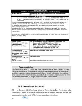 INSTITUTION AUDITÉE
MINISTERE DU TOURISME ET DES INDUSTRIES CREATIVES (MTIC)
NOM DU PROJET Plan spécial des Cayes/ Construction École Fondamentale de
Débouchette
BILAN DU PROJET
Un montant total de 139,135,500.00 HTG a été viré du compte 121252221 "PIP / MCI" réf., lettre
du MEF : DGTCP/DCP/PIP-PETRO006/05/15 au compte 121252331 "PIP / MINISTÈRE DU
TOURISME".
Un contrat gré à gré a été signé entre le MTIC et la firme CYRUS pour un montant de 25, 575,870.37
HTG Pour la construction Du Parc de Stockage (Marché Container) dans le département du Sud.
La réalisation de ce projet ne semble obéir ni à la saine gestion des Fonds Publics ni aux bonnes
pratiques de gestion de projets.
Deux versements ont été effectués sur le contrat équivaux à 90% soit 21, 560,458.71 HTG selon les
dossiers reçus et examinés par les auditeurs, aucun rapport d’avancement ni de restitution des travaux
n’a été trouvé.
le contrat signé le 6 juillet 2015 a une durée de 90 jours à compter de la date du premier décaissement
effectué le (27 août 2015).
RESPONSABILITÉS
Premier niveau
Noms, prénoms et titres des
responsables de
l'administration centrale
Les personnes ayant participé à la gestion contractuelle sont :
 Stéphanie B. VILLEDROUIN (Ministre MTIC)
 Maryse François NOËL (Directeur General MTIC)
 Renel SINOUS (Directeur administratif MTIC)
 Daniel Nine Djerry (Comptable en Chef MTIC
Deuxième niveau
Les représentants du MEF,
le comptable public affecté
au MTIC
Remy MERLIN (Comptable public MEF)
Troisième niveau
Les responsables de la firme
CYRUS
Nathalie CRAAN
Visa de la CSCCA Fritz Robert St Paul, Président du Conseil
Recommandation
Dans le cadre du projet « Construction École Fondamentale de Débouchette », la Cour
recommande que le MTIC applique en tout temps les bonnes pratiques de gestion de
projet en respectant des standards de qualité élevés dans la préparation des dossiers
ainsi que dans l’élaboration et les suivis des budgets et des échéanciers, tout en portant
une attention particulière au budget prévisionnel établi par résolution
2.6.6. Préparation de Sol à Vernet
423 La Cour a procédé à l’audit du projet sur la «Préparation de Sol à Vernet» dans le but
de savoir s’il a été mis en œuvre de manière économique, efficiente et efficace. Il appert que
plusieurs actions posées par le MTIC n’ont pas respecté ces trois critères.
217
 