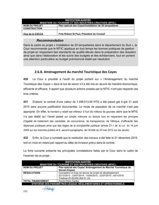 INSTITUTION AUDITÉE
MINISTERE DU TOURISME ET DES INDUSTRIES CREATIVES (MTIC))
NOM DU PROJET Plan spécial des Cayes/Installation de 20 lampadaires
CONSTRUCTION
Visa de la CSCCA Fritz Robert St Paul, Président du Conseil
Recommandation
Dans le cadre du projet « Installation de 20 lampadaires dans le département du Sud », la
Cour recommande que le MTIC applique en tout temps les bonnes pratiques de gestion
de projet en respectant des standards de qualité élevés dans la préparation des dossiers
ainsi que dans l’élaboration et les suivis des budgets et des échéanciers, tout en portant
une attention particulière au budget prévisionnel établi par résolution
2.6.8. Aménagement du marché Touristique des Cayes
430 La Cour a procédé à l’audit du projet portant sur « l’Aménagement du marché
Touristique des Cayes » dans le but de savoir s’il a été mis en œuvre de manière économique,
efficiente et efficace. Il appert que plusieurs actions posées par le MTIC n’ont pas respecté ces
trois critères.
431 D’abord, le contrat d’une valeur de 7.498.513.00 HTG a été passé gré à gré 31 août
2015 sans aucune justification documentée. Le mode de passation de ce marché n’est pas
approprié. En effet, le montant y relatif est inférieur à huit (8) millions de gourdes alors que le MTIC
n’a pas établi qu’i l’avait passé sur simple mémoire ou facture tout en respectant les principes
d’égalité de traitement des candidats, de concurrence, de transparence, de l’éthique, d’efficacité des
dépenses publiques ainsi que des règles de la comptabilité publique (article 27-1 de la Loi du 10 juin
2009 sur les marchés publics et 6, second paragraphe, de l’Arrêté du 25 mai 2012 sur les seuils).
432 Enfin, la Cour a constaté que la restitution des travaux a été faite le 21 décembre 2015,
soit un mois en retard par rapport au délai de livraison prévu dans le contrat.
La fiche suivante présente les principales constatations faites par la Cour dans le cadre de
l’examen de ce projet :
INSTITUTION AUDITÉE
MINISTERE DU TOURISME ET DES INDUSTRIES CREATIVES (MTIC))
NOM DU PROJET Plan spécial des Cayes/ Aménagement du Marché Touristique de
Vernet (Cayes)
RÉSOLUTIONS Conception et mise en œuvre de projet de développement
22/12/2012 ; 23/07/2014 ; 15/04/2015 ; 22/07/2015 ; 6/01/2016
Totalisant:$ 49,649,394.81 US
TOTAL FINANCEMENT Fonds Petro Caribe
SYNTHÈSE DES PARAMÈTRES LÉGAUX, RÉGLEMENTAIRES ET OPÉRATIONNELS
222
 