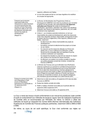 rapports y afférents sont fiables.
 Le suivi des projets est fait sur une base régulière et la reddition
de comptes est appropriée.
S’assurer que la structure
organisationnelle et les
mécanismes en place favorisent
une bonne gouvernance des
activités du fonds Petrocaribe,
notamment celles en lien avec
les dépenses exécutées pour
financer les projets de
développement
(Rapport 3)
 Le Bureau de Monétisation des Programmes d’Aide au
Développement (BMPAD) s'est doté de procédures pour encadrer
la gestion de ses activités, plus particulièrement les dépenses
exécutées pour financer les projets de développement
(planification, approbation, estimation des coûts et des bénéfices,
évaluation des risques et des besoins, paiements, etc.) et il veille
strictement à leur application.
 Critère 2 : Les ministères sectoriels (institutions), en tant que
responsables des projets de développement, gèrent les ressources
mises à leur disposition de façon responsable, transparente et dans
le respect des lois et règlements, et les rapports y afférents sont
fiables, notamment :
- Ils déterminent des critères d’admissibilité des projets de
développement ;
- Ils évaluent, priorisent et sélectionnent les projets sur la base
de ces critères ;
- Ils s’assurent que les ressources allouées aux firmes sont
gérées avec un souci d’efficience et d’efficacité, qu’elles
servent aux fins auxquelles elles sont destinées et que les
conditions d’attribution sont respectées ;
- Ils analysent les résultats du projet afin de s’assurer du respect
des contrats et de minimiser les risques financiers ;
- Ils effectuent une reddition de comptes complète et régulière
aux parties prenantes (conseil des ministres, ministère des
finances et BMPAD).
 Le Ministre des Finances ainsi que le Ministère de la Planification,
instances supérieures qui autorisent et contrôlent le financement et
l’exécution des projets de développement par le fonds Petrocaribe,
ont mis en place des mécanismes pour favoriser globalement la
bonne gouvernance des projets et veillent que la planification à long
terme à l’égard de ces projets s’effectue en fonction des besoins
recensés sur l’ensemble du territoire, de ses objectifs stratégiques,
des orientations gouvernementales et du cadre financier prévu.
Évaluer le montant de la dette
de la République d’Haïti
envers la République
bolivarienne du Venezuela au
30 septembre 2016
(Rapport 3)
 Déterminer le solde de la dette au 30 septembre 2016 dans les états
financiers du BMPAD.
 Évaluer les intérêts cumulés de la dette.
 Établir un tableau d’évolution de la dette pour la période allant de
septembre 2008 à septembre 2016.
 Déterminer l’encours de la dette au 30 septembre 2016.
La Cour a mené ses travaux d’audit conformément à son manuel de procédures (volet contrôle
et audit) et conformément aux méthodes de travail en vigueur dans les Institutions Supérieures
de Contrôle (ISC) et recommandées par l’INTOSAI. De même, la CSCCA a utilisé des
méthodes de travail qui respectent les normes ISSAI (Normes internationales des Institutions
Supérieures de Contrôle des Finances publiques) pertinentes, notamment 3000 à 3999 et 4000
à 4999.
De même, au cours de cet audit spécifique, la Cour s’est conformée aux règles sur
238
 