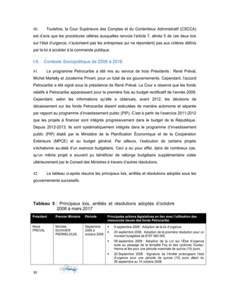 40. Toutefois, la Cour Supérieure des Comptes et du Contentieux Administratif (CSCCA)
est d’avis que les procédures célères auxquelles renvoie l’article 7, alinéa 5 de ces deux lois
sur l’état d’urgence, n’autorisent pas les entreprises qui ne répondent) pas aux critères définis
par la loi à accéder à la commande publique.
I.6. Contexte Sociopolitique de 2008 à 2016
41. Le programme Petrocaribe a été mis au service de trois Présidents : René Préval,
Michel Martelly et Jocelerme Privert, pour un total de six gouvernements. Cependant, l’accord
Petrocaribe a été signé sous la présidence de René Préval. La Cour a observé que les fonds
relatifs à Petrocaribe apparaissent pour la première fois au budget rectificatif de l’année 2009.
Cependant, selon les informations qu’elle a obtenues, avant 2012, les décisions de
décaissement sur les fonds Petrocaribe étaient exécutées de manière autonome et séparée
par rapport au programme d’investissement public (PIP). C’est à partir de l’exercice 2011-2012
que les projets à financer sont intégrés progressivement dans le budget de la République.
Depuis 2012-2013, ils sont systématiquement intégrés dans le programme d’investissement
public (PIP) établi par le Ministère de la Planification Économique et de la Coopération
Extérieure (MPCE) et au budget général. Par ailleurs, l’exécution de certains projets
s’échelonne au-delà d’un exercice budgétaire. Ceci a eu pour effet, dans de nombreux cas,
qu’un même projet a souvent pu bénéficier de rallonge budgétaire supplémentaire votée
ultérieurement par le Conseil des Ministres à travers d’autres résolutions.
42. Le tableau ci-après résume les principaux lois, arrêtés et résolutions adoptés sous les
gouvernements successifs.
Tableau 5 : Principaux lois, arrêtés et résolutions adoptés d’octobre
2008 à mars 2017
Président Premier Ministre Période Principales actions législatives en lien avec l’utilisation des
ressources issues des fonds Petrocaribe.
René
PREVAL
Michèle
DUVIVIER
PIERRELOUIS
Septembre
2008 à
octobre 2009
 9 septembre 2008 : Adoption de la loi d’urgence.
 20 septembre 2008 : Adoption de la première résolution pour un
montant budgétisé de $197 560 000.
 09 septembre 2008 : Adoption de la Loi sur l’État d’urgence
suite au passage de la tempête Fay et des cyclones Gustav,
Hanna et Ike pour une période maximale de quinze (15) jours.
 20 Septembre 2008 : Signature de l’Arrêté prolongeant l’état
d’urgence pour une période de quinze (15) jours allant du
26 septembre au 10 octobre 2008.
30
 
