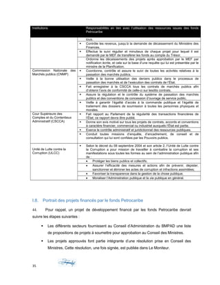 Institutions Responsabilités en lien avec l’utilisation des ressources issues des fonds
Petrocaribe
tous.
 Contrôle les revenus, jusqu’à la demande de décaissement du Ministère des
Finances.
 Effectue le suivi régulier et minutieux de chaque projet pour lequel il est
demandé par le MEF de transférer les fonds au compte du Trésor.
Ordonne les décaissements des projets après approbation par le MEF par
notification écrite, et cela sur la base d’une requête qui lui est présentée par le
ministre de la Planification.
Commission Nationale des
Marchés publics (CNMP)
 Coordonne, contrôle et assure le suivi de toutes les activités relatives à la
passation des marchés publics.
 Veille à la bonne utilisation des deniers publics dans le processus de
passation des marchés et de l’exécution des contrats de l’État.
 Fait enregistrer à la CSCCA tous les contrats de marchés publics afin
d’obtenir l’avis de conformité de celle-ci sur lesdits contrats.
 Assure la régulation et le contrôle du système de passation des marchés
publics et des conventions de concession d’ouvrage de service public.
 Veille à garantir l’égalité d’accès à la commande publique et l’égalité de
traitement des dossiers de soumission à toutes les personnes physiques et
morales.
Cour Supérieure des
Comptes et du Contentieux
Administratif (CSCCA)
 Fait rapport au Parlement de la régularité des transactions financières de
l’État; ce rapport devra être publié.
 Donne son avis motivé sur tous les projets de contrats, accords et conventions
à caractère financier, commercial ou industriel auxquels l’État est partie.
 Exerce le contrôle administratif et juridictionnel des ressources publiques.
 Conduit toutes missions d’enquête, d’encadrement, de conseil et de
consultation qui lui sont confiées par les Pouvoirs publics.
Unité de Lutte contre la
Corruption (ULCC)
 Selon le décret du 08 septembre 2004 et son article 2, l’Unité de Lutte contre
la Corruption a pour mission de travailler à combattre la corruption et ses
manifestations sous toutes les formes au sein de l’administration publique afin
de :
• Protéger les biens publics et collectifs;
• Assurer l’efficacité des mesures et actions afin de prévenir, dépister,
sanctionner et éliminer les actes de corruption et infractions assimilées;
• Favoriser la transparence dans la gestion de la chose publique;
• Moraliser l’Administration publique et la vie publique en général.
I.8. Portrait des projets financés par le fonds Petrocaribe
44. Pour rappel, un projet de développement financé par les fonds Petrocaribe devrait
suivre les étapes suivantes :
 Les différents secteurs fournissent au Conseil d’Administration du BMPAD une liste
de propositions de projets à soumettre pour approbation au Conseil des Ministres.
 Les projets approuvés font partie intégrante d’une résolution prise en Conseil des
Ministres. Cette résolution, une fois signée, est publiée dans Le Moniteur.
35
 