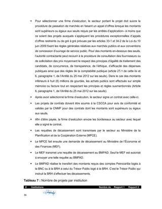  Pour sélectionner une firme d’exécution, le secteur portant le projet doit suivre la
procédure de passation de marchés en faisant un appel d’offres lorsque les montants
sont supérieurs ou égaux aux seuils requis par les arrêtés d’application– à moins que
ce soient des projets auxquels s’appliquent les procédures exceptionnelles d’appels
d’offres restreints ou de gré à gré prévues par les articles 33-1 et 34-2 de la Loi du 10
juin 2009 fixant les règles générales relatives aux marchés publics et aux conventions
de concession d’ouvrage de service public. Pour des montants en-dessous des seuils,
l’autorité contractante peut recourir à la procédure de consultation des fournisseurs ou
de sollicitation des prix moyennant le respect des principes d’égalité de traitement des
candidats, de concurrence, de transparence, de l’éthique, d’efficacité des dépenses
publiques ainsi que des règles de la comptabilité publique (article 27-1 de cette loi et
6, paragraphe 1, de l’Arrêté du 25 mai 2012 sur les seuils). Dans le cas des montants
inférieurs à huit (8) millions de gourdes, les achats publics sont effectués sur simple
mémoire ou facture tout en respectant les principes et règles susmentionnés (Article
6, paragraphe 1, de l’Arrêté du 25 mai 2012 sur les seuils).
 Après avoir sélectionné la firme d’exécution, le secteur signe un contrat avec celle-ci.
 Les projets de contrats doivent être soumis à la CSCCA pour avis de conformité et
validés par la CNMP pour des contrats dont les montants sont supérieurs ou égaux
aux seuils.
 Afin d’être payée, la firme d’exécution envoie les bordereaux au secteur avec lequel
elle a signé le contrat.
 Les requêtes de décaissement sont transmises par le secteur au Ministère de la
Planification et de la Coopération Externe (MPCE).
 Le MPCE fait ensuite une demande de décaissement au Ministère de l’Économie et
des Finances (MEF).
 Le MEF transmet une requête de décaissement au BMPAD. Seul le MEF est autorisé
à envoyer une telle requête au BMPAD.
 Le BMPAD réalise le transfert des montants requis des comptes Petrocaribe logés à
la BNC ou à la BRH à celui du Trésor Public logé à la BRH. C’est le Trésor Public qui
instruit la BRH d’effectuer les décaissements.
Tableau 7 : Nombre de projets par institution
# Institutions Nombre de Rapport 1 Rapport 2
36
 