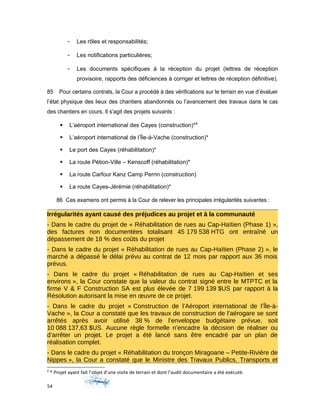 - Les rôles et responsabilités;
- Les notifications particulières;
- Les documents spécifiques à la réception du projet (lettres de réception
provisoire, rapports des déficiences à corriger et lettres de réception définitive).
85 Pour certains contrats, la Cour a procédé à des vérifications sur le terrain en vue d’évaluer
l’état physique des lieux des chantiers abandonnés ou l’avancement des travaux dans le cas
des chantiers en cours. Il s’agit des projets suivants :
 L’aéroport international des Cayes (construction)*8
 L’aéroport international de l’Île-à-Vache (construction)*
 Le port des Cayes (réhabilitation)*
 La route Pétion-Ville – Kenscoff (réhabilitation)*
 La route Carfour Kanz Camp Perrin (construction)
 La route Cayes-Jérémie (réhabilitation)*
86 Ces examens ont permis à la Cour de relever les principales irrégularités suivantes :
Irrégularités ayant causé des préjudices au projet et à la communauté
- Dans le cadre du projet de « Réhabilitation de rues au Cap-Haïtien (Phase 1) »,
des factures non documentées totalisant 45 179 538 HTG ont entraîné un
dépassement de 18 % des coûts du projet
- Dans le cadre du projet « Réhabilitation de rues au Cap-Haïtien (Phase 2) », le
marché a dépassé le délai prévu au contrat de 12 mois par rapport aux 36 mois
prévus.
- Dans le cadre du projet « Réhabilitation de rues au Cap-Haïtien et ses
environs », la Cour constate que la valeur du contrat signé entre le MTPTC et la
firme V & F Construction SA est plus élevée de 7 199 139 $US par rapport à la
Résolution autorisant la mise en œuvre de ce projet.
- Dans le cadre du projet « Construction de l’Aéroport international de l’Île-à-
Vache », la Cour a constaté que les travaux de construction de l’aérogare se sont
arrêtés après avoir utilisé 38 % de l’enveloppe budgétaire prévue, soit
10 088 137,63 $US. Aucune règle formelle n’encadre la décision de réaliser ou
d’arrêter un projet. Le projet a été lancé sans être encadré par un plan de
réalisation complet.
- Dans le cadre du projet « Réhabilitation du tronçon Miragoane – Petite-Rivière de
Nippes », la Cour a constaté que le Ministre des Travaux Publics, Transports et
8
* Projet ayant fait l’objet d’une visite de terrain et dont l’audit documentaire a été exécuté.
54
 