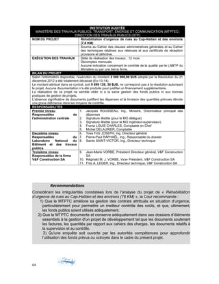 INSTITUTION AUDITÉE
MINISTÈRE DES TRAVAUX PUBLICS, TRANSPORT, ÉNERGIE ET COMMUNICATION (MTPTEC)
DIRECTION DES TRAVAUX PUBLICS (DTP)
NOM DU PROJET Réhabilitation d’urgence de rues au Cap-Haïtien et des environs
(7.6 KM)
Soumis au Cahier des clauses administratives générales et au Cahier
des techniques relatives aux retenues et aux certificats de réception
provisoire et définitive.
EXÉCUTION DES TRAVAUX Délai de réalisation des travaux : 12 mois
Décomptes mensuels
Aucune indication concernant le contrôle de la qualité par le LNBTP du
Ministère ou par une tierce firme.
BILAN DU PROJET
Selon l’information disponible, l’exécution du montant 2 500 000,00 $US adopté par la Résolution du 21
décembre 2012 a été totalement décaissé (Ex-13-14).
Le montant attribué dans ce contrat, soit 9 699 139, 30 $US, ne correspond pas à la résolution autorisant
le projet. Aucune documentation n’a été produite pour justifier un financement supplémentaire.
La réalisation de ce projet ne semble obéir ni à la saine gestion des fonds publics ni aux bonnes
pratiques de gestion de projets.
L’absence significative de documents justifiant les dépenses et la livraison des quantités prévues dénote
une grave déficience dans les moyens de contrôle.
RESPONSABILITÉS
Premier niveau
Responsables de
l'administration centrale
1. Jacques ROUSSEAU, Ing., Ministre, Ordonnateur principal des
dépenses
2. Signature illisible (pour le MO délégué)
3. Signature illisible (pour le MO ingénieur-superviseur)
4. Frantz LOUIS CHARLES, Comptable en Chef
5. Michel DELAURIER, Comptable
Deuxième niveau
Responsables du
Laboratoire National du
Bâtiment et des travaux
publics
6. Yves Fritz JOSEPH, Ing. Directeur général
7. Pierre-Paul RAPHAËL, Ing., Responsable du dossier
8. Sainlo SAINT-VICTOR, Ing., Directeur technique
Troisième niveau
Responsables de la firme
V&F Construction SA
9. Jean-Marie VORBE, Président Directeur général, V&F Construction
SA
10. Réginald M. J. VORBE, Vice- Président, V&F Construction SA
11. Fritz A. LEGER, Ing., Directeur technique, V&F Construction SA
Recommandations
Considérant les irrégularités constatées lors de l'analyse du projet de « Réhabilitation
d’urgence de rues au Cap-Haïtien et des environs (76 KM) », la Cour recommande :
1) Que le MTPTC améliore sa gestion des contrats attribués en situation d’urgence,
particulièrement pour permettre un meilleur contrôle des coûts, et que, ultimement,
les fonds publics soient utilisés adéquatement.
2) Que le MTPTC documente et conserve adéquatement dans ses dossiers d’éléments
essentiels à la gestion d'un projet de développement tel que les documents soutenant
les factures, les quantités par rapport aux cahiers des charges, les documents relatifs à
la supervision et au contrôle.
3) Qu'une enquête soit ouverte par les autorités compétences pour approfondir
l’utilisation des fonds prévus ou octroyés dans le cadre du présent projet.
64
 