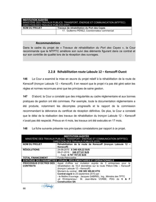 INSTITUTION AUDITÉE
MINISTÈRE DES TRAVAUX PUBLICS, TRANSPORT, ÉNERGIE ET COMMUNICATION (MTPTEC)
DIRECTION DES TRAVAUX PUBLICS (DTP)
NOM DU PROJET Travaux de réhabilitation du Port des Cayes
17. Guillermo PÉREZ, Coordonnateur commercial
Recommandations
Dans le cadre du projet de « Travaux de réhabilitation du Port des Cayes », la Cour
recommande que le MTPTC améliore son suivi des éléments figurant dans ce contrat et
sur son contrôle de qualité lors de la réception des ouvrages.
2.2.8 Réhabilitation route Laboule 12 – Kenscoff-Ouest
146 La Cour a examiné la mise en œuvre du projet relatif à la réhabilitation de la route de
Kenscoff (tronçon Laboule 12 – Kenscoff). Il en ressort que le projet n’a pas été géré selon les
règles et normes reconnues ainsi que les principes de saine gestion.
147 D’abord, la Cour a constaté que des irrégularités au cadre réglementaire et aux bonnes
pratiques de gestion ont été commises. Par exemple, toute la documentation réglementaire a
été produite, notamment les décomptes progressifs et le rapport de la commission
recommandant la délivrance du certificat de réception définitive. De plus, la Cour a constaté
que le délai de la réalisation des travaux de réhabilitation du tronçon Laboule 12 – Kenscoff
n’avait pas été respecté. Prévus en 4 mois, les travaux ont été exécutés en 17 mois.
148 La fiche suivante présente nos principales constatations par rapport à ce projet.
INSTITUTION AUDITÉE
MINISTÈRE DES TRAVAUX PUBLICS, TRANSPORT, ÉNERGIE ET COMMUNICATION (MTPTEC)
DIRECTION DES TRAVAUX PUBLICS (DTP)
NOM DU PROJET Réhabilitation de la route de Kenscoff (tronçon Laboule 12 –
Kenscoff)
RÉSOLUTIONS 24-08-2010 : 6 348 429,22 $US
06-01-2016 : 249 277,81 $US
Total : 6 797 707,03 $US
TOTAL FINANCEMENT Fonds Petrocaribe
SYNTHÈSE DES PARAMÈTRES LÉGAUX, RÉGLEMENTAIRES ET OPÉRATIONNELS
PROCESSUS D’OCTROI DES
CONTRATS
Appel d’offres sur invitation auprès de 3 entreprises pour la
réhabilitation de 10,4 kilomètres sur la route Pétion-Ville – Kenscoff
(tronçon Laboule 12 – Kenscoff)
Montant du contrat : 258 309 389,60 HTG
Contrat signé le 23 septembre 2010 par :
- le Maître d’ouvrage : Jacques GABRIEL, Ing., Ministre des TPTC
-et l’Entrepreneur : M. Jean-Marie VORBE, PDG de V & F
Construction SA
88
 