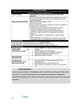 INSTITUTION AUDITÉE
MINISTÈRE DES TRAVAUX PUBLICS, TRANSPORT, ÉNERGIE ET COMMUNICATION (MTPTEC)
DIRECTION DES TRAVAUX PUBLICS (DTP)
NOM DU PROJET Réhabilitation de la route de Kenscoff (tronçon Pétion-Ville –
Laboule 12)
Soumis au Cahier des clauses administratives générales et au cahier
des techniques relatives aux retenues et aux certificats de réception
provisoire et définitive.
EXÉCUTION DES TRAVAUX Délai de réalisation des travaux : 4 mois
Décomptes mensuels
Aucune indication concernant le contrôle de la qualité par le LNBTP du
Ministère ou par une tierce firme.
Composition de la Commission formée par circulaire en date du
19 août 2013 chargée d’apprécier la réception des travaux :
- Magali B. JUSSOME, Ing., Représentant la Direction générale ;
- Jean Ernest Leslie AUGUSTIN, Ing., Représentant la Direction
générale;
- Pierre André LORISCA, Ing., Représentant du service du Génie
urbain;
- Wisler DYROGÉNE, Ing., Représentant du service du Génie urbain;
- Ronald BEAUZILE, Ing., Représentant du service du Génie urbain.
BILAN DU PROJET
Projet exécuté dans le respect du budget prévu, soit 76 966 431,09 HTG.
Projet exécuté dans un délai de 2 mois alors que le délai prévu était de 4 mois.
Réception définitive recommandée par la commission suite à la visite du 30 août 2013.
RESPONSABILITÉS
Premier niveau
Responsables de
l'Administration centrale
1. Jacques GABRIEL, Ing., Ministre, Ordonnateur principal des
dépenses
2. Signature illisible (pour le MO délégué)
3. Signature illisible (pour le MO ingénieur-superviseur)
4. Frantz LOUIS CHARLES, Comptable en Chef
6. Michel DELAURIER, Comptable
Deuxième niveau
Responsables du
Troisième niveau
Responsables de la firme
V&F Construction SA
7. Jean-Marie VORBE, Président Directeur général, V&F
Construction SA
8. Edwig SAINT MARTIN, V&F Construction SA
9. Fritz A. LEGER, Ing., Directeur Technique, V&F Construction
SA
Recommandations
Dans le cadre du projet de « Réhabilitation de la route de Kenscoff (tronçon Pétion-Ville –
Laboule 12) », la Cour recommande qu’une enquête soit ouverte pour approfondir
l’utilisation de l’avance de16,4 millions HTG prévue dans le contrat avec la firme exécutant
les travaux.
91
 