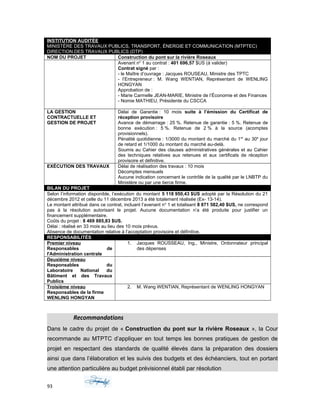 INSTITUTION AUDITÉE
MINISTÈRE DES TRAVAUX PUBLICS, TRANSPORT, ÉNERGIE ET COMMUNICATION (MTPTEC)
DIRECTION DES TRAVAUX PUBLICS (DTP)
NOM DU PROJET Construction du pont sur la rivière Roseaux
Avenant no
1 au contrat : 401 696,57 $US (à valider)
Contrat signé par :
- le Maître d’ouvrage : Jacques ROUSEAU, Ministre des TPTC
- l’Entrepreneur : M. Wang WENTIAN, Représentant de WENLING
HONGYAN
Approbation de :
- Marie Carmelle JEAN-MARIE, Ministre de l’Économie et des Finances
- Nomie MATHIEU, Présidente du CSCCA
LA GESTION
CONTRACTUELLE ET
GESTION DE PROJET
Délai de Garantie : 10 mois suite à l’émission du Certificat de
réception provisoire
Avance de démarrage : 25 %. Retenue de garantie : 5 %. Retenue de
bonne exécution : 5 %. Retenue de 2 % à la source (acomptes
provisionnels).
Pénalité quotidienne : 1/3000 du montant du marché du 1er
au 30e
jour
de retard et 1/1000 du montant du marché au-delà.
Soumis au Cahier des clauses administratives générales et au Cahier
des techniques relatives aux retenues et aux certificats de réception
provisoire et définitive.
EXÉCUTION DES TRAVAUX Délai de réalisation des travaux : 10 mois
Décomptes mensuels
Aucune indication concernant le contrôle de la qualité par le LNBTP du
Ministère ou par une tierce firme.
BILAN DU PROJET
Selon l’information disponible, l’exécution du montant 5 118 950,43 $US adopté par la Résolution du 21
décembre 2012 et celle du 11 décembre 2013 a été totalement réalisée (Ex- 13-14).
Le montant attribué dans ce contrat, incluant l’avenant no
1 et totalisant 8 871 582,40 $US, ne correspond
pas à la résolution autorisant le projet. Aucune documentation n’a été produite pour justifier un
financement supplémentaire.
Coûts du projet : 8 469 885,83 $US.
Délai : réalisé en 33 mois au lieu des 10 mois prévus.
Absence de documentation relative à l’acceptation provisoire et définitive.
RESPONSABILITÉS
Premier niveau
Responsables de
l'Administration centrale
1. Jacques ROUSSEAU, Ing., Ministre, Ordonnateur principal
des dépenses
Deuxième niveau
Responsables du
Laboratoire National du
Bâtiment et des Travaux
Publics
Troisième niveau
Responsables de la firme
WENLING HONGYAN
2. M. Wang WENTIAN, Représentant de WENLING HONGYAN
Recommandations
Dans le cadre du projet de « Construction du pont sur la rivière Roseaux », la Cour
recommande au MTPTC d’appliquer en tout temps les bonnes pratiques de gestion de
projet en respectant des standards de qualité élevés dans la préparation des dossiers
ainsi que dans l’élaboration et les suivis des budgets et des échéanciers, tout en portant
une attention particulière au budget prévisionnel établi par résolution
93
 