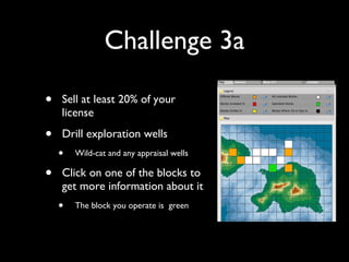 Challenge 3a Sell at least 20% of your license Drill exploration wells Wild-cat and any appraisal wells Click on one of the blocks to get more information about it The block you operate is  green 