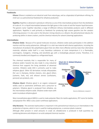 Sector Update

Feedstocks
      Ethane: Ethane is isolated on an industrial scale from natural gas, and as a byproduct of petroleum refining. Its
      chief use is as petrochemical feedstock for ethylene production.

      Naphtha: Naphtha is obtained in petroleum refineries as one of the intermediate products from the distillation
      of crude oil. It is a liquid intermediate between the light gases in the crude oil and the heavier liquid kerosene.
      The generic name 'naphtha' describes a range of different refinery intermediate products used in different
      applications. Naphtha is used primarily as feedstock for producing high octane gasoline (via the catalytic
      reforming process). It is also used in the bitumen mining industry as a diluent, the petrochemical industry for
      producing olefins in steam crackers, and the chemical industry for solvent (cleaning) applications.

Intermediates
      Ethylene Oxide: Because of its special molecular structure, ethylene oxide easily participates in the addition
      reaction and thus easily polymerizes. Although it is a vital raw material with diverse applications, including the
      manufacture of products like polyethylene glycol that are often more effective and less toxic than alternative
      materials, ethylene oxide itself is a very hazardous substance: at room temperature it is a flammable,
      carcinogenic, mutagenic, irritating, and anesthetic gas with a misleadingly pleasant aroma. Therefore, it is
      commonly handled and shipped as a refrigerated liquid.

      The chemical reactivity that is responsible for many of
                                                                        Chart A1-2: Global Ethylene
      ethylene oxide's hazards has also made it a key industrial        Derivatives
      chemical that supports the living standards of advanced
      societies. Ethylene oxide (EO) is primarily used to make
      ethylene glycol. Other EO derivatives include ethyoxylates
      (for use in shampoo, kitchen cleaners, etc), glycol ethers
      (solvents, fuels, etc) and ethanol amines (surfactants,
      personal care products, etc).

      Ethylene Glycol: Ethylene glycol is an organic compound
      widely used as automotive antifreeze and a precursor to
      polymers. Ethylene glycol is produced from ethylene, via
      the intermediate ethylene oxide. Ethylene oxide reacts with                           Source:Edelweiss research
      water to produce ethylene glycol.

      Most monoethylene glycol (MEG) is used to make polyester fibers for textile applications, PET resins for bottles
      and polyester film. MEG is also used in antifreeze applications.

      Ethyl Benzene: This aromatic hydrocarbon is important in the petrochemical industry as an intermediate in the
      production of styrene, which in turn is used for making polystyrene, a common plastic material.
      Although often present in small amounts in crude oil, ethylbenzene is produced in bulk quantities by
      combining benzene and ethylene in an acid-catalyzed chemical reaction.



                                  15                                                       Edelweiss Securities Limited
 