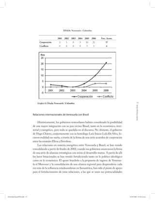 DÍADA: Venezuela - Colombia


                                                       2001    2002   2003   2004   2005   2006   Frec. Acum.
                                    Cooperación          2      1      0      3      10     21        37
                                    Conflicto            0      0      0      0      3      3         6




                                  Gráfico 31. Díada: Venezuela - Colombia.                                                        177




                                                                                                                               Andrés Giussepe Avalo
                              Relaciones internacionales de Venezuela con Brasil

                                   Históricamente, los gobiernos venezolanos habían considerado la posibilidad
                              de una mayor integración con su país vecino Brasil, tanto en lo económico, terri-
                              torial y energético, pero todo se quedaba en el discurso. No obstante, el gobierno
                              de Hugo Chávez, conjuntamente con su homólogo Luíz Inácio Lula Da Silva, hi-
                              cieron realidad ese sueño, a través de la firma de una serie acuerdos de cooperación
                              entre las estatales Pdvsa y Petrobras.
                                   Las relaciones en materia energética entre Venezuela y Brasil, se han venido
                              consolidando a partir de finales de 2002, cuando sus gobiernos anunciaron la firma
                              de una serie de alianzas estratégicas con miras al desarrollo mutuo. A partir de allí
                              los lazos binacionales se han venido fortaleciendo tanto en lo político-ideológico
                              como en lo económico. El apoyo brasileño a la propuesta de ingreso de Venezue-
                              la al Mercosur y la consolidación de una alianza regional para desprenderse cada
                              vez más de la influencia estadounidense en Suramérica, han sido el punto de apoyo
                              para el fortalecimiento de estas relaciones, a las que se unen sus potencialidades




PetroDiplomaciaPDF.indd 177                                                                                           07/05/2008 07:59:54 a.m.
 