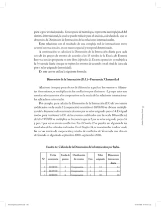 para seguir evolucionando. Esta especie de tautología, representa la complejidad del
                              sistema internacional, la cual se puede reducir para el análisis, calculando lo que se
                              denomina la Dimensión de Interacción de las relaciones internacionales.
                                   Estas relaciones son el resultado de una compleja red de interacciones entre
                              actores internacionales, en un marco espacial y temporal determinado.
                                   A continuación se calculará la Dimensión de la Interacción diaria para cada
                              uno de los grupos de eventos de acuerdo a los 15 niveles de la Escala de Eventos
                              Internacionales propuesta en este libro (Apéndice 2). En esta operación se multiplica
                              la frecuencia diaria con que se repiten los eventos de acuerdo con el nivel de la escala
                              por el valor asignado (intensidad).
                                   En este caso se utiliza la siguiente formula:

                                           Dimensión de la Interacción (D.I.) = Frecuencia X Intensidad

                                   Al mismo tiempo y para efectos de diferenciar y graficar los eventos en diferen-
                              tes dimensiones, se multiplicarán los conflictivos por el número -1, ya que estos son
                              considerados opuestos a los cooperativos en la escala de las relaciones internaciona-
                              les aplicada en este estudio.
                                   Por ejemplo, para calcular la Dimensión de la Interacción (DI) de los eventos
                              codificados con la escala 5 (cooperación) ocurridos el 10/08/00 se obtiene multipli-                    183




                                                                                                                                   Andrés Giussepe Avalo
                              cando la frecuencia de ocurrencia de estos por su valor asignado que es 14. De igual
                              modo, para la obtener la DI. de los eventos codificados con la escala 10 (conflicto)
                              del día 19/09/08 se multiplica su frecuencia que es 2 por su valor asignado que es 16
                              y por -1 por ser un evento conflictivo. En el Cuadro 21 se pueden ver algunos de los
                              resultados de los cálculos realizados. En el Grafico 34, se muestran las tendencias de
                              las curvas niveles de cooperación y niveles de conflictos de Venezuela con el resto
                              del mundo en el período septiembre 2000–septiembre 2006.



                                           Cuadro 21. Cálculo de la Dimensión de la Interacción por fecha.

                                               Fecha      Escala de    Clasificación            Valor     Dimensión
                                     Nº      ocurrencia    puntos       de eventos     Frec.   asignado   interacción
                                                                                                            diaria
                                       1     10/08/00        5        Cooperación       1        14                  14
                                       2     26/09/00        5        Cooperación       1        14                  14
                                       3     30/10/00        6        Cooperación       1        10                  10




PetroDiplomaciaPDF.indd 183                                                                                               07/05/2008 07:59:54 a.m.
 
