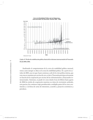 Gráfico 35. Niveles de estabilización política diaria de las relaciones internacionales de Venezuela:
           188
                                                      Desde 2000 a 2006.
            PETRODIPLOMACIA Y ECONOMÍA EN VENEZUELA




                                                           Analizando el comportamiento de la curva de estabilidad política mensual,
                                                      vemos como siempre se ubica en la zona de estabilidad política. Es a partir de oc-
                                                      tubre de 2003, una vez que el país comienza a salir de la crisis política interna, que
                                                      esta zona se mantiene por encima de cero, es decir, Venezuela participa activamente
                                                      en función de la cooperación por encima de los enfrentamientos y desacuerdos in-
                                                      ternacionales. Asimismo, se puede ver como desde el mes de febrero hasta agosto
                                                      de 2006 los niveles de cooperación muestran un ritmo de crecimiento acelerado,
                                                      esto gracias a los continuos viajes presidenciales a múltiples países de los cinco con-
                                                      tinentes y a la firma de cartas de intensiones, acuerdos y proyectos económicos y
                                                      petroleros.




PetroDiplomaciaPDF.indd 188                                                                                                                                   07/05/2008 07:59:55 a.m.
 