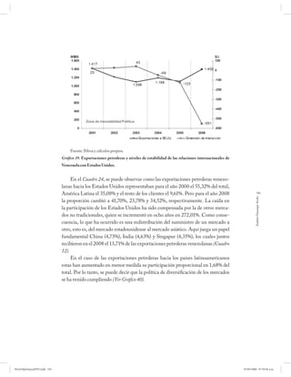 Fuente: Pdvsa y cálculos propios.
                              Gráfico 39. Exportaciones petroleras y niveles de estabilidad de las relaciones internacionales de
                              Venezuela con Estados Unidos.


                                   En el Cuadro 24, se puede observar como las exportaciones petroleras venezo-
                              lanas hacia los Estados Unidos representaban para el año 2000 el 55,32% del total,
                              América Latina el 35,08% y el resto de los clientes el 9,61%. Pero para el año 2008                              195




                                                                                                                                            Andrés Giussepe Avalo
                              la proporción cambió a 41,70%, 23,78% y 34,52%, respectivamente. La caída en
                              la participación de los Estados Unidos ha sido compensada por la de otros merca-
                              dos no tradicionales, quien se incrementó en ocho años en 272,01%. Como conse-
                              cuencia, lo que ha ocurrido es una redistribución del suministro de un mercado a
                              otro, esto es, del mercado estadounidense al mercado asiático. Aquí juega un papel
                              fundamental China (4,73%), India (4,63%) y Singapur (4,35%), los cuales juntos
                              recibieron en el 2008 el 13,71% de las exportaciones petroleras venezolanas (Cuadro
                              12).
                                   En el caso de las exportaciones petroleras hacia los países latinoamericanos
                              estas han aumentado en menor medida su participación proporcional en 1,68% del
                              total. Por lo tanto, se puede decir que la política de diversificación de los mercados
                              se ha venido cumpliendo (Ver Gráfico 40).




PetroDiplomaciaPDF.indd 195                                                                                                        07/05/2008 07:59:56 a.m.
 