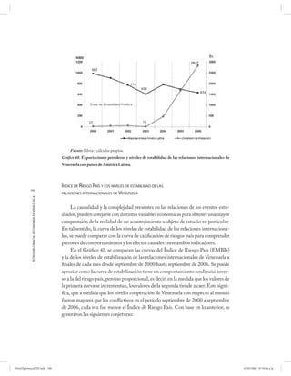 Fuente: Pdvsa y cálculos propios.
                                                      Gráfico 40. Exportaciones petroleras y niveles de estabilidad de las relaciones internacionales de
                                                      Venezuela con países de América Latina.




                                                      ÍNDICE DE RIESGO PAÍS Y LOS NIVELES DE ESTABILIDAD DE LAS
           196
                                                      RELACIONES INTERNACIONALES DE VENEZUELA
            PETRODIPLOMACIA Y ECONOMÍA EN VENEZUELA




                                                            La causalidad y la complejidad presentes en las relaciones de los eventos estu-
                                                      diados, pueden cotejarse con distintas variables económicas para obtener una mayor
                                                      comprensión de la realidad de un acontecimiento u objeto de estudio en particular.
                                                      En tal sentido, la curva de los niveles de estabilidad de las relaciones internaciona-
                                                      les, se puede comparar con la curva de calificación de riesgos país para comprender
                                                      patrones de comportamientos y los efectos causales entre ambos indicadores.
                                                            En el Gráfico 41, se comparan las curvas del Índice de Riesgo País (EMBI+)
                                                      y la de los niveles de estabilización de las relaciones internacionales de Venezuela a
                                                      finales de cada mes desde septiembre de 2000 hasta septiembre de 2006. Se puede
                                                      apreciar como la curva de estabilización tiene un comportamiento tendencial inver-
                                                      so a la del riesgo país, pero no proporcional, es decir, en la medida que los valores de
                                                      la primera curva se incrementan, los valores de la segunda tiende a caer. Esto signi-
                                                      fica, que a medida que los niveles cooperación de Venezuela con respecto al mundo
                                                      fueron mayores que los conflictivos en el período septiembre de 2000 a septiembre
                                                      de 2006, cada vez fue menor el Índice de Riesgo País. Con base en lo anterior, se
                                                      generaron las siguientes conjeturas:




PetroDiplomaciaPDF.indd 196                                                                                                                                07/05/2008 07:59:56 a.m.
 