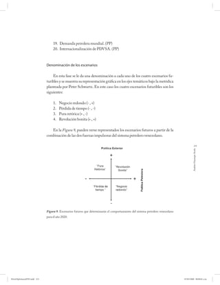 19. Demanda petrolera mundial. (PP)
                                   20. Internacionalización de PDVSA. (PP)



                              Denominación de los escenarios

                                  En esta fase se le da una denominación a cada uno de los cuatro escenarios fu-
                              turibles y se muestra su representación gráfica en los ejes temáticos bajo la metódica
                              planteada por Peter Schwartz. En este caso los cuatro escenarios futuribles son los
                              siguientes:

                                   1.   Negocio redondo (- , +)
                                   2.   Pérdida de tiempo (- , -)
                                   3.   Pura retórica (+ , -)
                                   4.   Revolución bonita (+ , +)

                                 En la Figura 9, pueden verse representados los escenarios futuros a partir de la
                              combinación de las dos fuerzas impulsoras del sistema petrolero venezolano.

                                                                                                                                             215




                                                                                                                                          Andrés Giussepe Avalo




                              Figura 9. Escenarios futuros que determinarán el comportamiento del sistema petrolero venezolano
                              para el año 2020.




PetroDiplomaciaPDF.indd 215                                                                                                      07/05/2008 08:00:01 a.m.
 