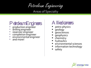 Petroleum Engineers  production engineer drilling engineer  reservoir engineer completion engineer environmental engineer and more! Allied careers petro-physics  geology geosciences  geophysics  chemistry  hydraulics environmental sciences information technology safety 