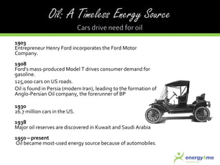 1903 Entrepreneur Henry Ford incorporates the Ford Motor Company. 1908 Ford's mass-produced Model T drives consumer demand for gasoline.  125,000 cars on US roads. Oil is found in Persia (modern Iran), leading to the formation of Anglo-Persian Oil company, the forerunner of BP 1930 26.7 million cars in the US. 1938 Major oil reserves are discovered in Kuwait and Saudi Arabia 1950 – present Oil became most-used energy source because of automobiles . 