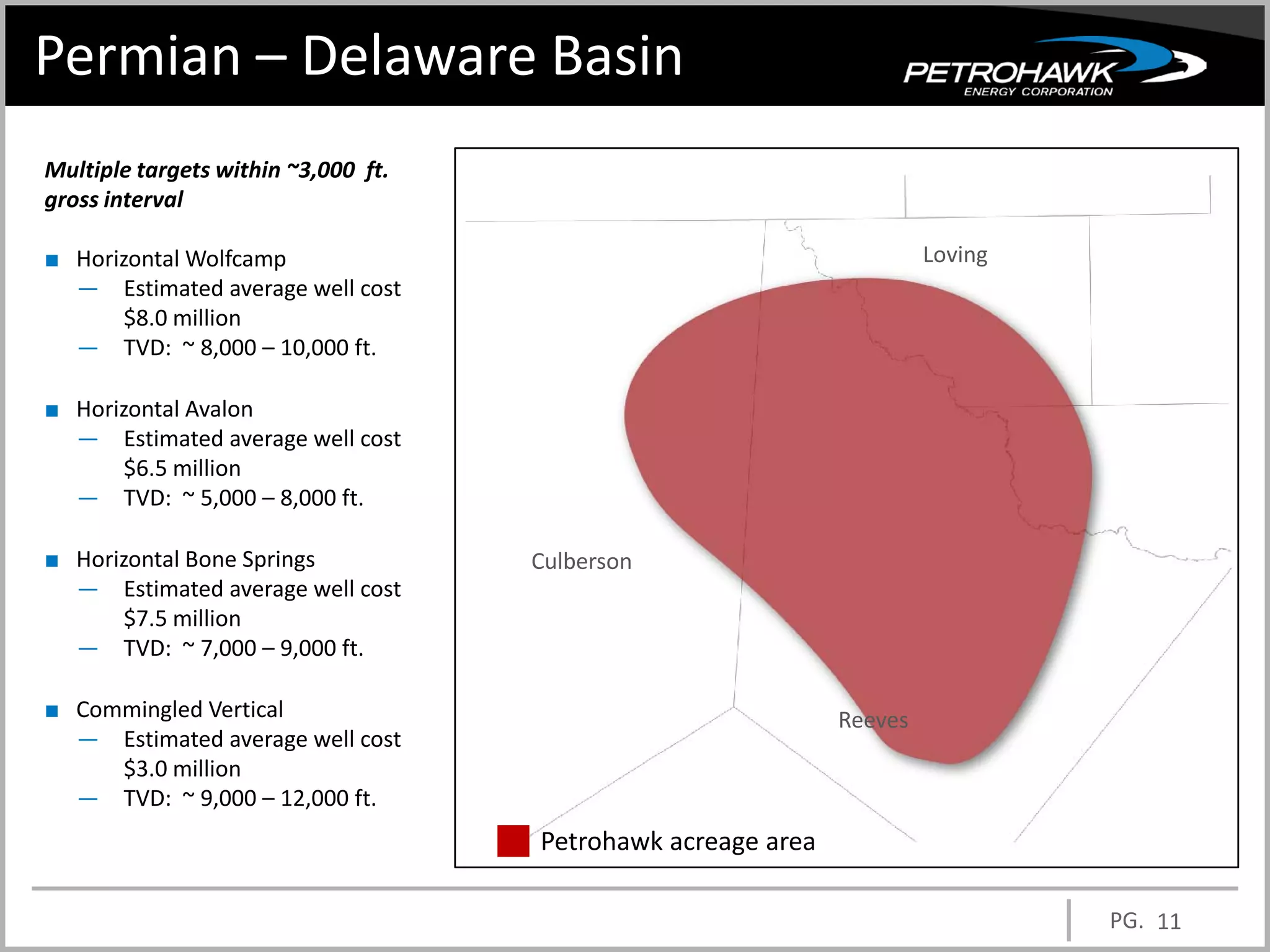 Permian – Delaware Basin
Multiple targets within ~3,000 ft.
gross interval

■ Horizontal Wolfcamp                                                  Loving
  — Estimated average well cost
      $8.0 million
  — TVD: ~ 8,000 – 10,000 ft.

■ Horizontal Avalon
  — Estimated average well cost
      $6.5 million
  — TVD: ~ 5,000 – 8,000 ft.

■ Horizontal Bone Springs            Culberson
  — Estimated average well cost
      $7.5 million
  — TVD: ~ 7,000 – 9,000 ft.

■ Commingled Vertical                                         Reeves
  — Estimated average well cost
     $3.0 million
  — TVD: ~ 9,000 – 12,000 ft.
                                     Petrohawk acreage area

                                                                                PG. 11
 