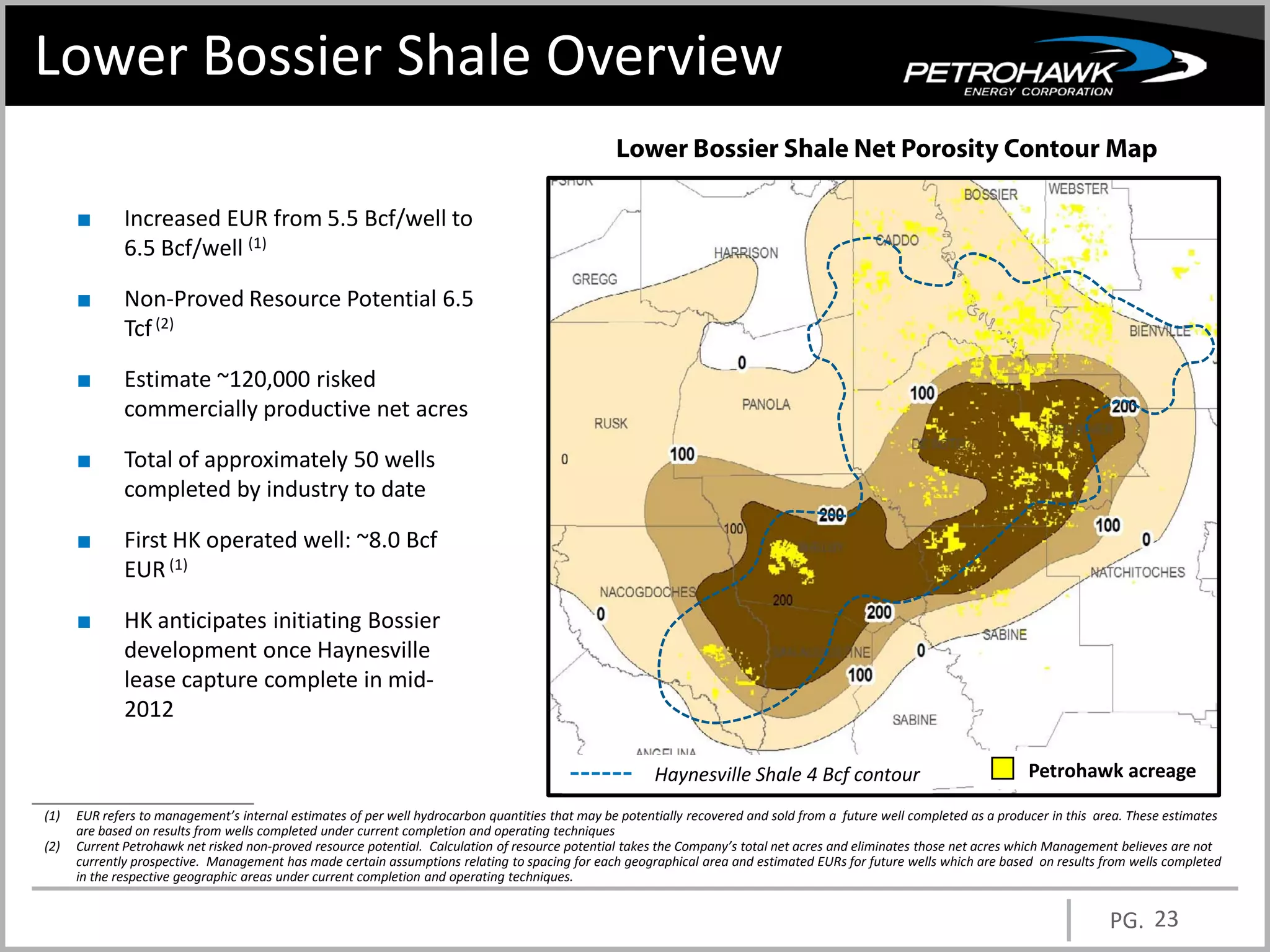 Lower Bossier Shale Overview
                                                                                                  Lower Bossier Shale Net Porosity Contour Map

      ■       Increased EUR from 5.5 Bcf/well to
              6.5 Bcf/well (1)

      ■       Non-Proved Resource Potential 6.5
              Tcf (2)

      ■       Estimate ~120,000 risked
              commercially productive net acres

      ■       Total of approximately 50 wells
              completed by industry to date

      ■       First HK operated well: ~8.0 Bcf
              EUR (1)

      ■       HK anticipates initiating Bossier
              development once Haynesville
              lease capture complete in mid-
              2012

                                                                                                        Haynesville Shale 4 Bcf contour                                 Petrohawk acreage

(1)   EUR refers to management’s internal estimates of per well hydrocarbon quantities that may be potentially recovered and sold from a future well completed as a producer in this area. These estimates
      are based on results from wells completed under current completion and operating techniques
(2)   Current Petrohawk net risked non-proved resource potential. Calculation of resource potential takes the Company’s total net acres and eliminates those net acres which Management believes are not
      currently prospective. Management has made certain assumptions relating to spacing for each geographical area and estimated EURs for future wells which are based on results from wells completed
      in the respective geographic areas under current completion and operating techniques.


                                                                                                                                                                                      PG. 23
 