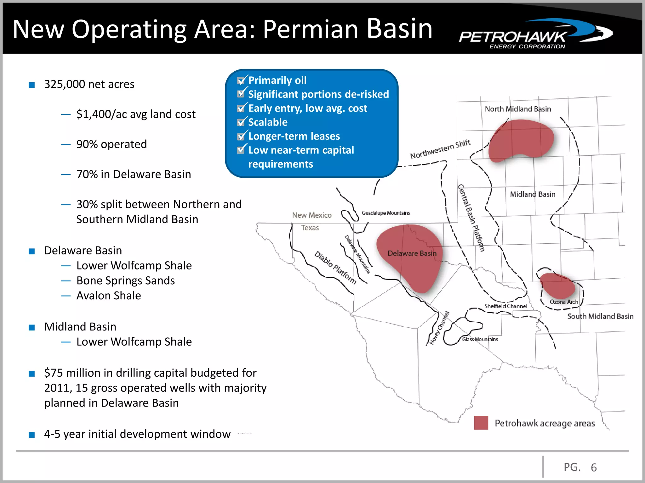 New Operating Area: Permian Basin
 ■ 325,000 net acres                     Primarily oil
                                         Significant portions de-risked
       — $1,400/ac avg land cost         Early entry, low avg. cost
                                         Scalable
       — 90% operated                    Longer-term leases
                                         Low near-term capital
                                           requirements
       — 70% in Delaware Basin

       — 30% split between Northern and
         Southern Midland Basin

 ■ Delaware Basin
      — Lower Wolfcamp Shale
      — Bone Springs Sands
      — Avalon Shale

 ■ Midland Basin
     — Lower Wolfcamp Shale

 ■ $75 million in drilling capital budgeted for
   2011, 15 gross operated wells with majority
   planned in Delaware Basin

 ■ 4-5 year initial development window

                                                                           PG. 6
 