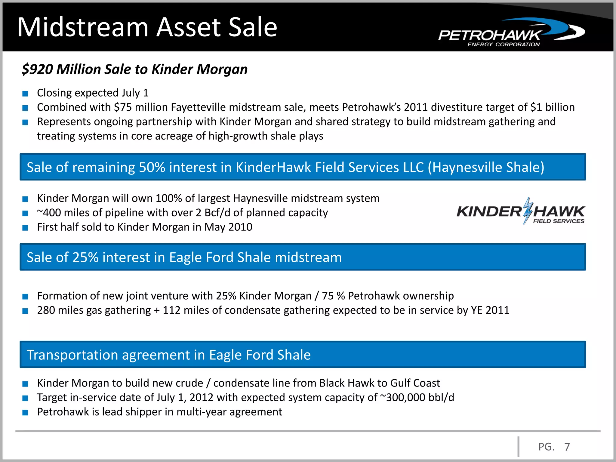 Midstream Asset Sale
$920 Million Sale to Kinder Morgan
■ Closing expected July 1
■ Combined with $75 million Fayetteville midstream sale, meets Petrohawk’s 2011 divestiture target of $1 billion
■ Represents ongoing partnership with Kinder Morgan and shared strategy to build midstream gathering and
  treating systems in core acreage of high-growth shale plays

 Sale of remaining 50% interest in KinderHawk Field Services LLC (Haynesville Shale)
■ Kinder Morgan will own 100% of largest Haynesville midstream system
■ ~400 miles of pipeline with over 2 Bcf/d of planned capacity
■ First half sold to Kinder Morgan in May 2010

 Sale of 25% interest in Eagle Ford Shale midstream

■ Formation of new joint venture with 25% Kinder Morgan / 75 % Petrohawk ownership
■ 280 miles gas gathering + 112 miles of condensate gathering expected to be in service by YE 2011


 Transportation agreement in Eagle Ford Shale
■ Kinder Morgan to build new crude / condensate line from Black Hawk to Gulf Coast
■ Target in-service date of July 1, 2012 with expected system capacity of ~300,000 bbl/d
■ Petrohawk is lead shipper in multi-year agreement

                                                                                                        PG. 7
 