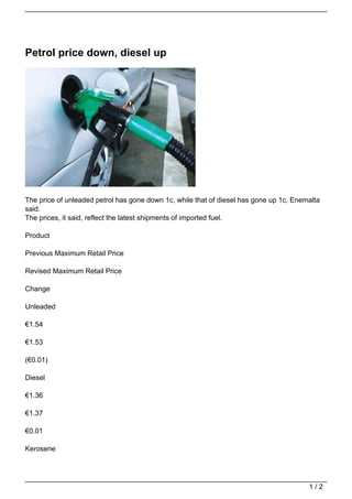 Petrol price down, diesel up




The price of unleaded petrol has gone down 1c, while that of diesel has gone up 1c, Enemalta
said.
The prices, it said, reflect the latest shipments of imported fuel.

Product

Previous Maximum Retail Price

Revised Maximum Retail Price

Change

Unleaded

€1.54

€1.53

(€0.01)

Diesel

€1.36

€1.37

€0.01

Kerosene




                                                                                        1/2
 