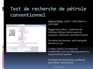 Test de recherche de pétrole
conventionnel
             Gretz sur loing – 2375m – 26/12/1991 au
             15/01/1992

             Dogger sans indices – Carbonate de
             Collovien inférieur réduit à 40cm et
             compacts – Bathonien sommital compact

             Formation de chaumoy : grès imprégnés
             d’huile sur 1.5m

             ( 2 tests : échecs ) ce niveau est
             inexploitable due à sa faible épaisseur et à
             la proximité de l’aquifère

             Formation de Donnemarie, aquifère et
             sans indices . puits bouché
                   Ph LC 26/04/2012                     9
 