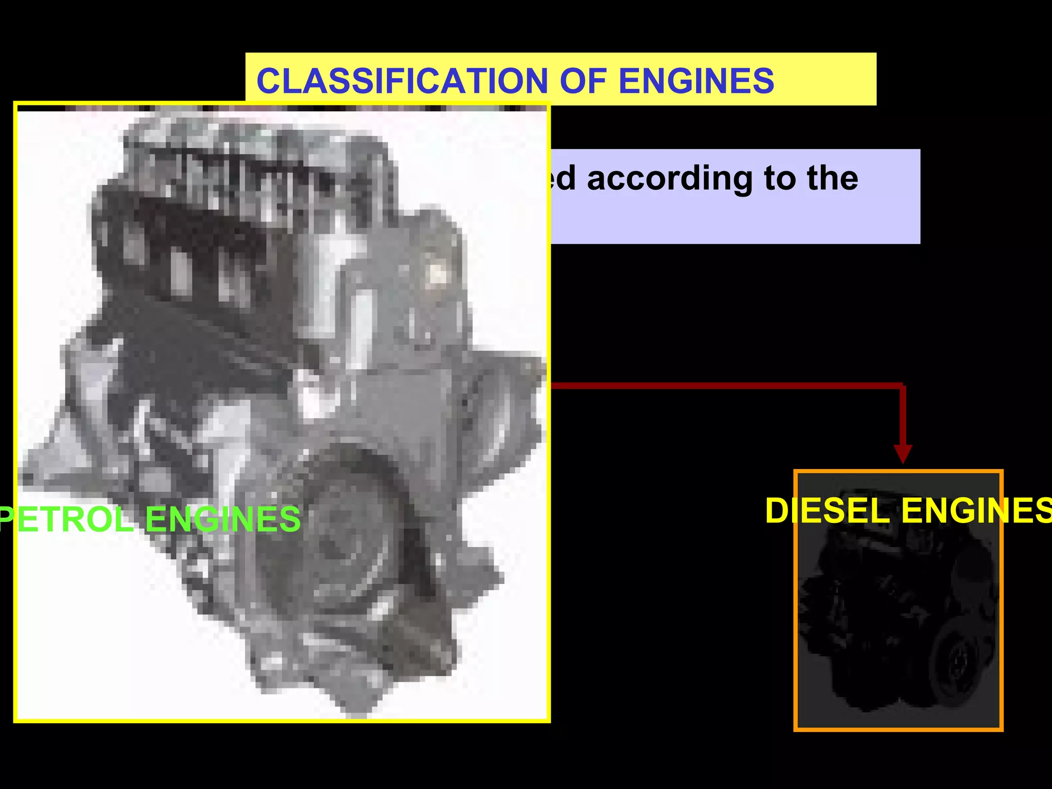 CLASSIFICATION OF ENGINES
Engines can be classified according to the
fuel they use
PETROL ENGINES DIESEL ENGINES
 
