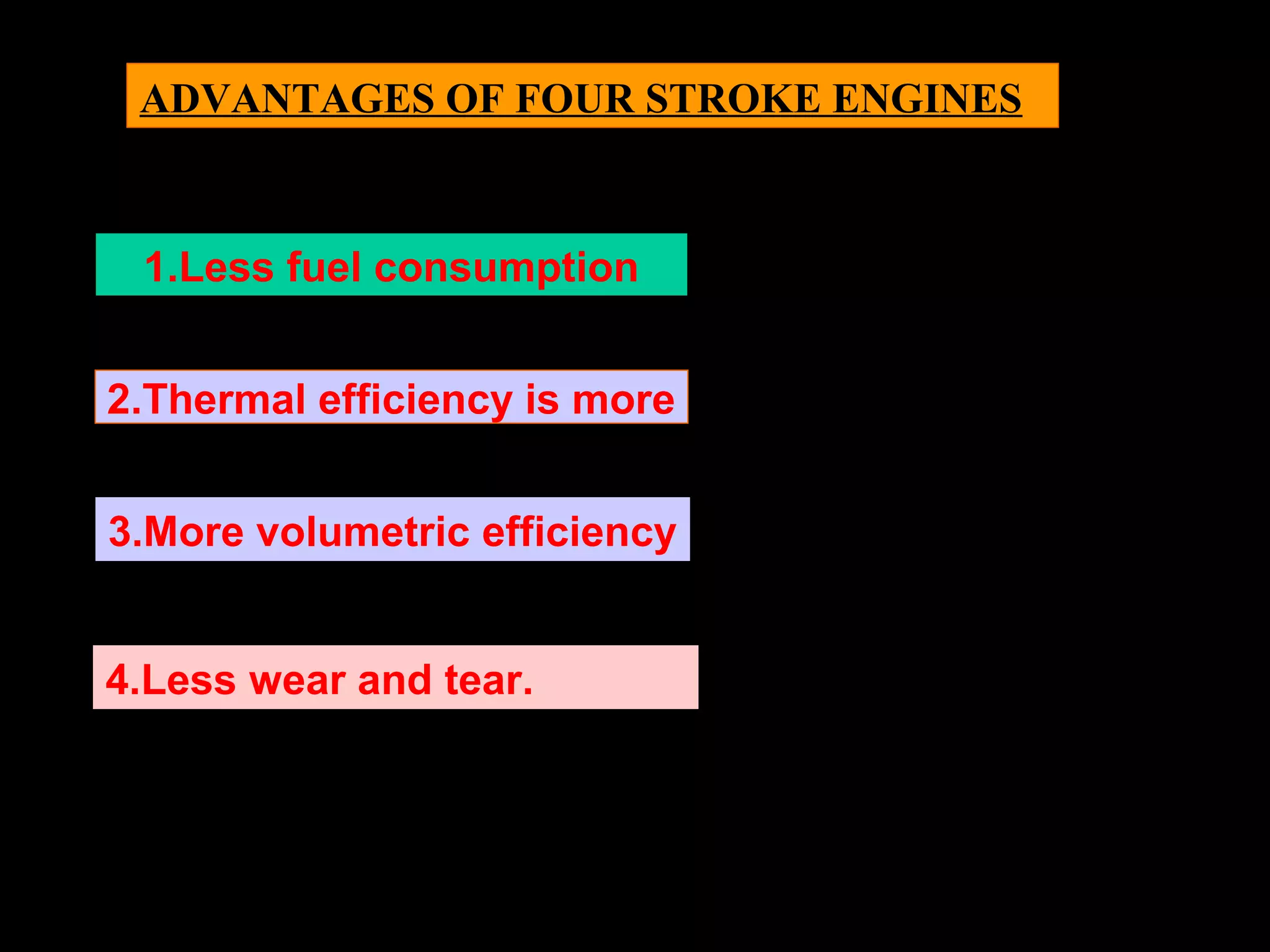 1.Less fuel consumption
2.Thermal efficiency is more
ADVANTAGES OF FOUR STROKE ENGINES
3.More volumetric efficiency
4.Less wear and tear.
 