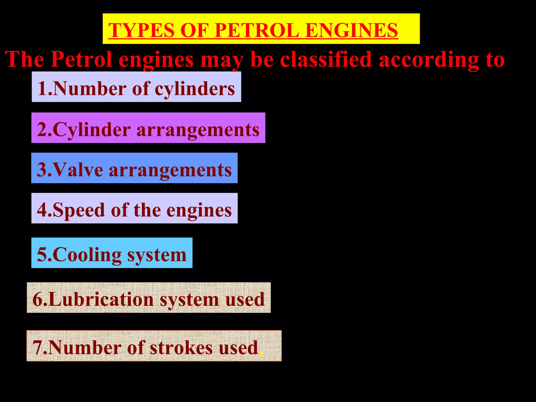 TYPES OF PETROL ENGINES
7.Number of strokes used.
1.Number of cylinders
2.Cylinder arrangements
The Petrol engines may be classified according to
3.Valve arrangements
4.Speed of the engines
5.Cooling system
6.Lubrication system used
 
