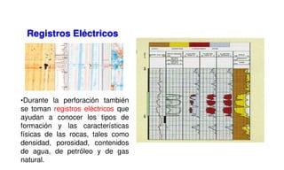 •Durante la perforación también
se toman registros eléctricos que
ayudan a conocer los tipos de
formación y las características
físicas de las rocas, tales como
densidad, porosidad, contenidos
de agua, de petróleo y de gas
natural.
Registros Eléctricos
 