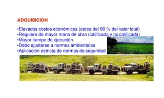 ADQUISICION
•Elevados costos económicos (cerca del 90 % del valor total)
•Requiere de mayor mano de obra (calificada y no calificada)
•Mayor tiempo de ejecución
•Debe ajustarse a normas ambientales
•Aplicación estricta de normas de seguridad
 