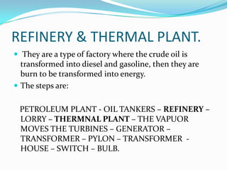 REFINERY & THERMAL PLANT.
 They are a type of factory where the crude oil is
  transformed into diesel and gasoline, then they are
  burn to be transformed into energy.
 The steps are:


 PETROLEUM PLANT - OIL TANKERS – REFINERY –
 LORRY – THERMNAL PLANT – THE VAPUOR
 MOVES THE TURBINES – GENERATOR –
 TRANSFORMER – PYLON – TRANSFORMER -
 HOUSE – SWITCH – BULB.
 