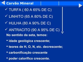 Carvão Mineral
 TURFA ( 60 A 65% DE C)
 LINHITO (65 A 80% DE C)
 HULHA (80 A 90% DE C)
 ANTRACITO (90 A 95% DE C)
No sentido da seta, temos:
 idade geológica crescente;
 teores de H, O, N, etc. decrescente;
 carbonificação crescente
 poder calorífico crescente.
 