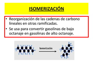 ISOMERIZACIÓN
• Reorganización de las cadenas de carbono
lineales en otras ramificadas.
• Se usa para convertir gasolinas de bajo
octanaje en gasolinas de alto octanaje.
 