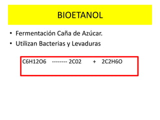 BIOETANOL
• Fermentación Caña de Azúcar.
• Utilizan Bacterias y Levaduras
C6H12O6 -------- 2C02 + 2C2H6O
 