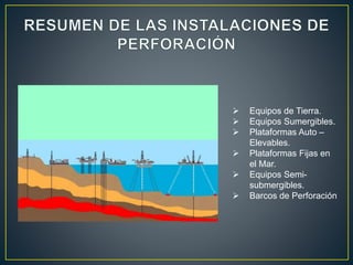  Equipos de Tierra.
 Equipos Sumergibles.
 Plataformas Auto –
Elevables.
 Plataformas Fijas en
el Mar.
 Equipos Semi-
submergibles.
 Barcos de Perforación
 
