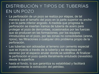 • La perforación de un pozo se realiza por etapas, de tal
manera que el tamaño del pozo en la parte superior es ancho
y en la parte inferior angosto. A medida que progresa la
perforación se insertan tramos de tubería de acero para
proteger el pozo de derrumbes, ocasionados por las fuerzas
que se producen en las formaciones, por los equipos
introducidos en el pozo, por las zonas no consolidadas (arena,
ripios), las filtraciones o cualquier otro problema propio de la
perforación.
• Las tuberías son adosadas al terreno con cemento especial
que se inyecta a través de la tubería y se desplaza en
ascenso por el espacio anular donde se solidifica. Al finalizar
la perforación el pozo queda literalmente entubado (revestido)
desde la superficie
• hasta el fondo, lo que garantiza su estabilidad y facilitará
posteriormente la extracción del petróleo.
 