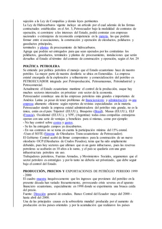 sujeción a la Ley de Compañías y demás leyes pertinentes
La Ley de Hidrocarburos vigente incluye un artículo por el cual además de las formas
contractuales establecidas en el Art. 3, Petroecuador bajo la modalidad de contratos de
operación, si conviniere a los intereses del Estado, podrá contratar con empresas
nacionales o extranjeras de reconocida competencia en la materia, las que podrán
formar entre sí asociaciones, la construcción y operación de oleoductos, poliductos y
gasoductos principales,
terminales y plantas de procesamiento de hidrocarburos.
Agrega que podrán ser entregados para que sean operados por los contratistas los
poliductos, gasoductos, terminales y plantas de procesamiento, instalaciones que serán
devueltas al Estado al término del contrato de construcción y operación, según el Art. 29
POLÍTICA PETROLERA
Se entiende por política petrolera el manejo que el Estado ecuatoriano hace de nuestro
petróleo. La mayor parte de nuestra destilería se ubica en Esmeraldas. La empresa
estatal encargada de la exploración y refinamiento y comercialización del petróleo es
PETROECUADOR integrada por: Petroproducción, Petroamazonas, Petroindustrial y
Petrocomercial.
Actualmente el Estado ecuatoriano mantiene el control de la producción, auque hay
muchos sectores interesados en privatizar este sector de la economía.
Petroecuador constituye una de las empresas petroleras más grandes e importantes de
América Latina ya pesar de tener problemas de financiamiento y administración es una
empresa altamente eficiente según reportes de revistas especializadas en la materia.
Petroecuador siendo la empresa estatal administradora del petróleo más grande, no es la
única, están en el país: Tripetrol (EE.UU.), Braspetro (Brasil), Maxus (EE.UU.), ELF
(Francia), Occidental (EE.UU.), y YPF, (Argentina) todas estas compañías extranjeras
operan con una serie de ventajas y beneficios para sí mismas, como por ejemplo:
- No hay control sobre costos y gastos.
- Se les ha entregado campos ya descubiertos.
- En sus contratos no se toma en cuenta la participación mínima del 15% estatal.
-Usan el SOTE (Sistema de Oleoductos Trans-ecuatoriano de Petroecuador).
El Gobierno Central acabó de firmar compromisos para la construcción de un nuevo
oleoducto OCP (Oleoductos de Crudos Pesados), tema que ha sido ampliamente
debatido, pues hoy sectores que afirman que es un gasto infructuoso, pues las reservas
petroleras se acabarán en 10 años a lo sumo, y el país se quedaría con una gran
infraestructura petrolera sin uso.
Trabajadores petroleros, Fuerzas Armadas, y Movimientos Sociales, argumentan que el
sector petrolero es estratégico y por lo tanto no debería ser privatizado, que debe seguir
bajo el control del Estado.
PRODUCCIÓN, PRECIOS Y EXPORTACIONES DE PETRÓLEO PERIODO 1999
- 2000
El cuadro muestra inequívocamente que los ingresos que provienen del petróleo en la
presente década han variado frecuentemente, provocando crisis severas en el aparato
financiero ecuatoriano, especialmente en 1998 donde se experimenta una brusca caída
del precio.
Fuente: Dirección general de estudios. Banco Central del Ecuador mayo del 2000 -
hasta abril del 2000.
Una de las principales causas es la sobreoferta mundial producida por el aumento de
producción en los países orientales y por la acumulación que realizaron los países
 