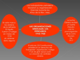 LAS ORGANIZACIONES SINDICALES: LOS PETROLEROS 1910-1920 Los trabajadores petroleros Iniciaron su organización Gremial durante los Años de la Rev. Mex. La lucha Obrera recibió un fuerte impulso con la promulgación de la cons- titucion De 1917 El articulo 123 Constitucional estableció Los derechos del  Trabajador:  organización, huelga Y fue de gran apoyo para  La creación de centrales obreras En este marco  los obreros de la refinería El Águila fueron a huelga en marzo de  1918 sin obtener éxito alguno 