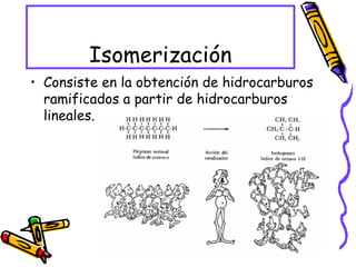 Isomerización Consiste en la obtención de hidrocarburos ramificados a partir de hidrocarburos lineales. 