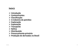ÍNDICE
 Introdução
 Contaminantes
 Classificação
 A indústria de petróleo
 Exploração
 Explotação
 Transporte
 Refino
 Distribuição
 Processamento primário
 Produção de derivados no Brasil
215:31
 