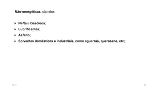 Não-energéticas, são eles:
 Nafta e Gasóleos;
 Lubrificantes;
 Asfalto;
 Solventes domésticos e industriais, como aguarrás, querosene, etc;
2915:31
 
