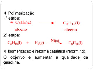  Polimerização
1ª etapa:
4 C2H4(g) C8H16(l)
alceno alceno
2ª etapa:
C8H16(l) + H2(g) C8H18(l)
Ni(s)
 Isomerização e reforma catalítica (reforming)
O objetivo é aumentar a qualidade da
gasolina.
 