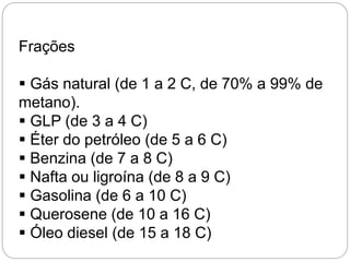 Frações
 Gás natural (de 1 a 2 C, de 70% a 99% de
metano).
 GLP (de 3 a 4 C)
 Éter do petróleo (de 5 a 6 C)
 Benzina (de 7 a 8 C)
 Nafta ou ligroína (de 8 a 9 C)
 Gasolina (de 6 a 10 C)
 Querosene (de 10 a 16 C)
 Óleo diesel (de 15 a 18 C)
 